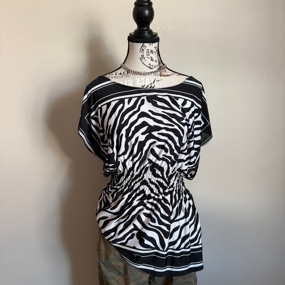 Y2K Zebra Print Wide Neck Cinched Waist Top 2000s Fitted